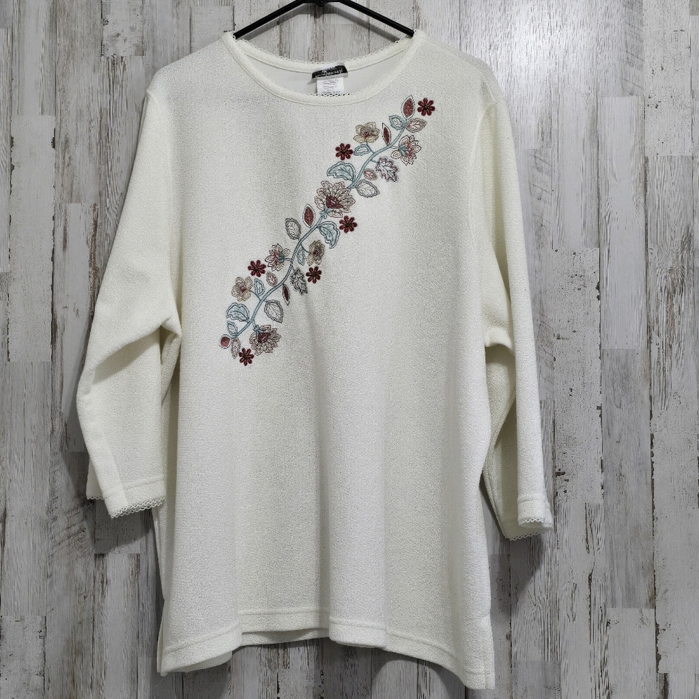 BonWorth Vintage Cream Off White Floral Embroidered 3/4 Sleeve Top Plus Size 2X
